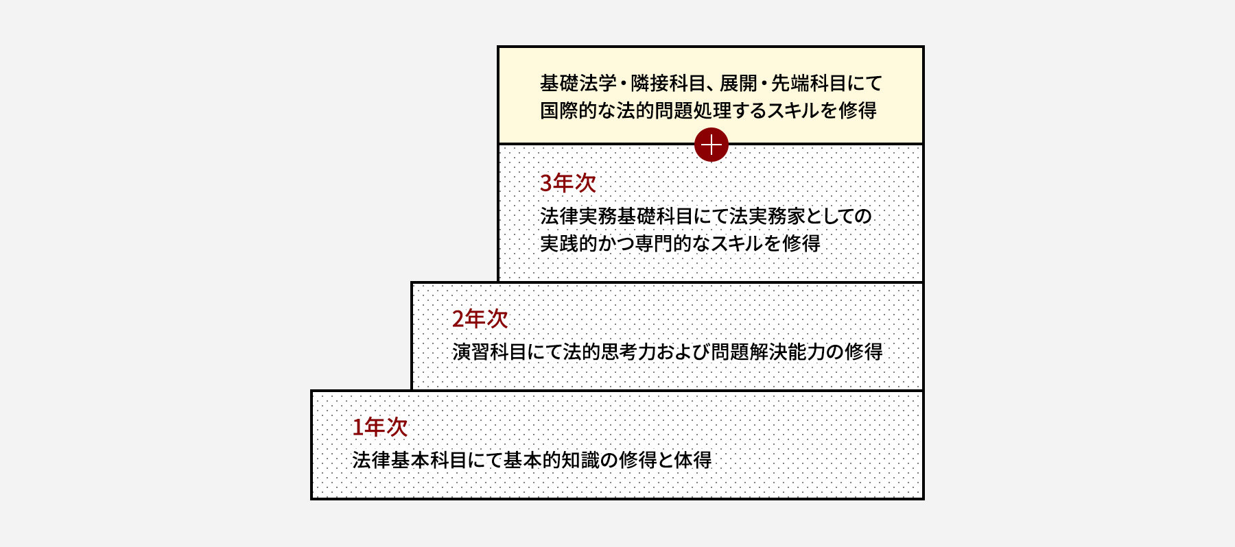 1年次法律基本科目にて基本的知識の修得と体得、2年次演習科目にて法的思考力および問題解決能力の修得、3年次法律実務基礎科目にて法実務家としての実践的かつ専門的なスキルを修得、基礎法学・隣接科目、展開・先端科目にて国際的な法的問題処理するスキルを修得
