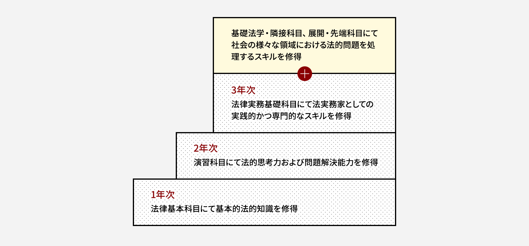 1年次法律基本科目にて基本的知識の修得と体得、2年次演習科目にて法的思考力および問題解決能力の修得、3年次法律実務基礎科目にて法実務家としての実践的かつ専門的なスキルを修得、基礎法学・隣接科目、展開・先端科目にて国際的な法的問題処理するスキルを修得